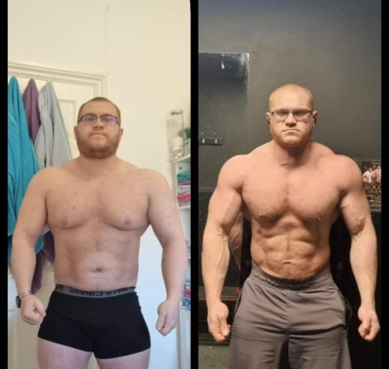 A before and after picture of a muscular man