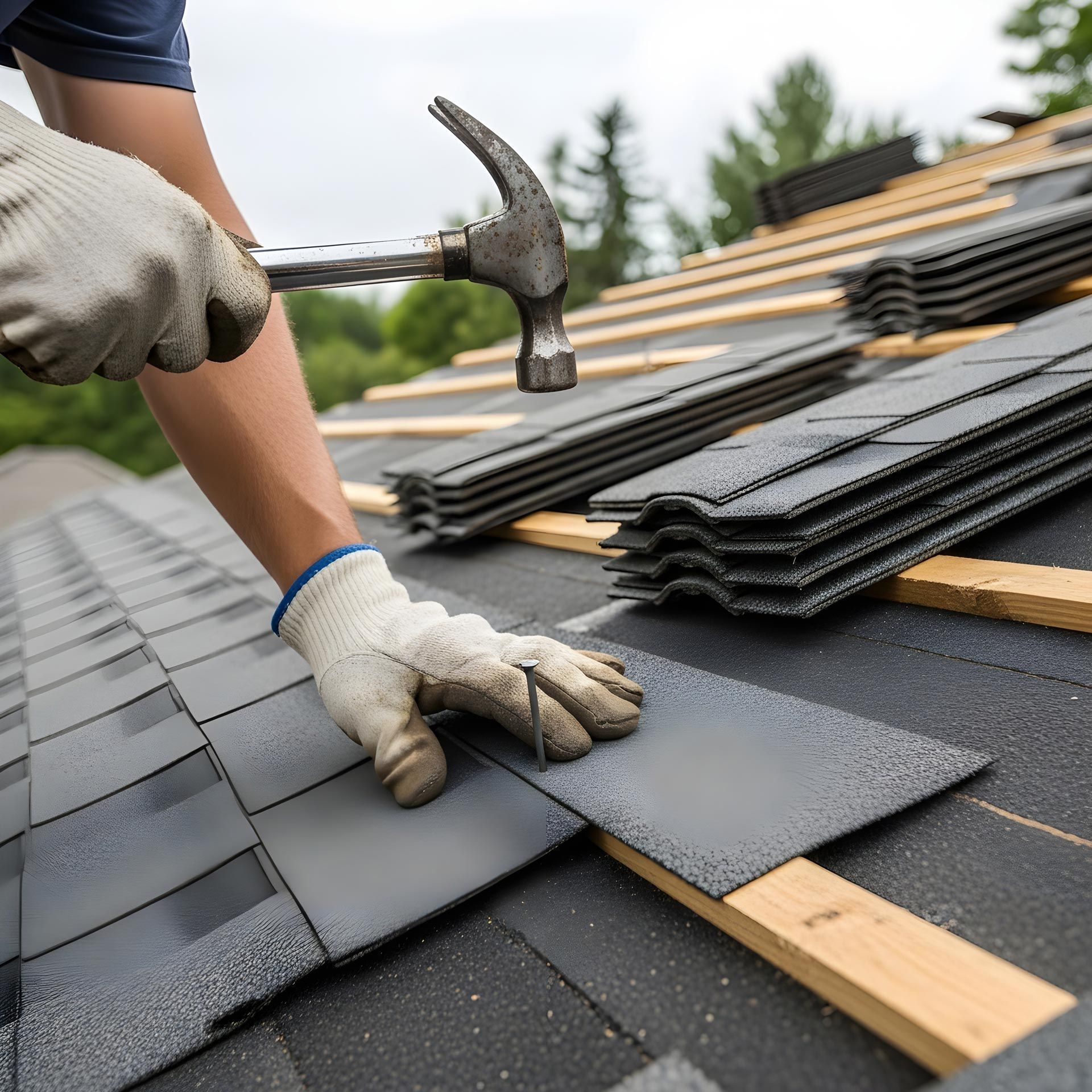 Close-up of a person wearing gloves using a hammer to install dark gray roof shingles. Close-up of a person wearing gloves using a hammer to install dark gray roof shingles.