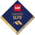 A logo for a master elite residential roofing contractor.