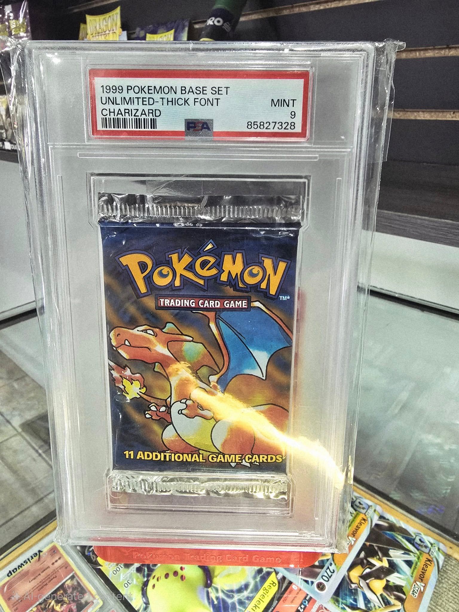 Sealed Pokémon card pack graded and encased in a plastic holder, featuring Charizard art; sitting on top of cards.