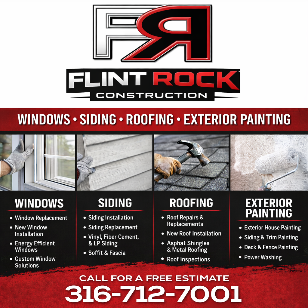 Advertisement for Flint Rock Construction, offering windows, siding, roofing, and exterior painting. Includes contact info.