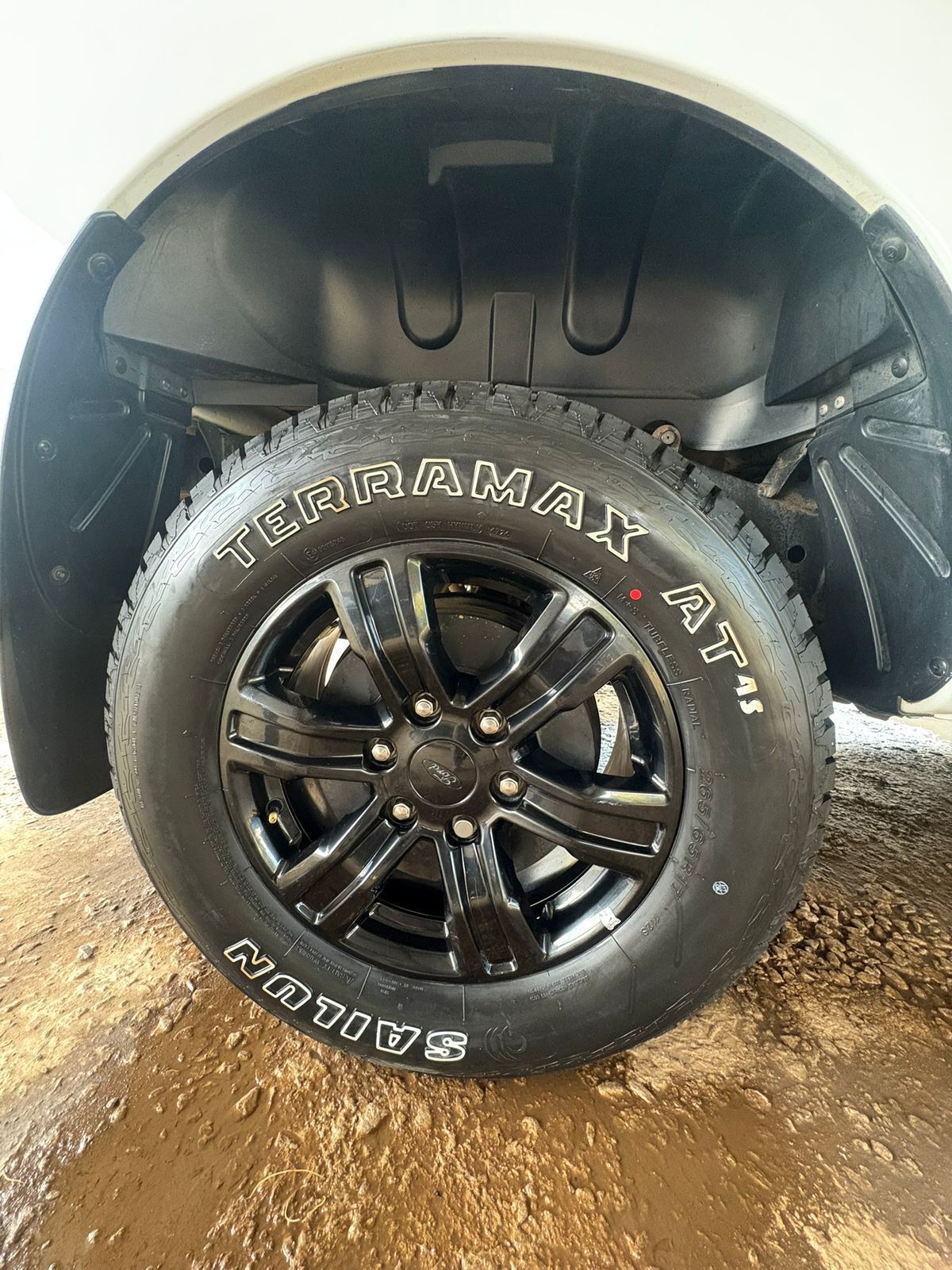 Black tire with white lettering on a black rim. A white car wheel well is visible.