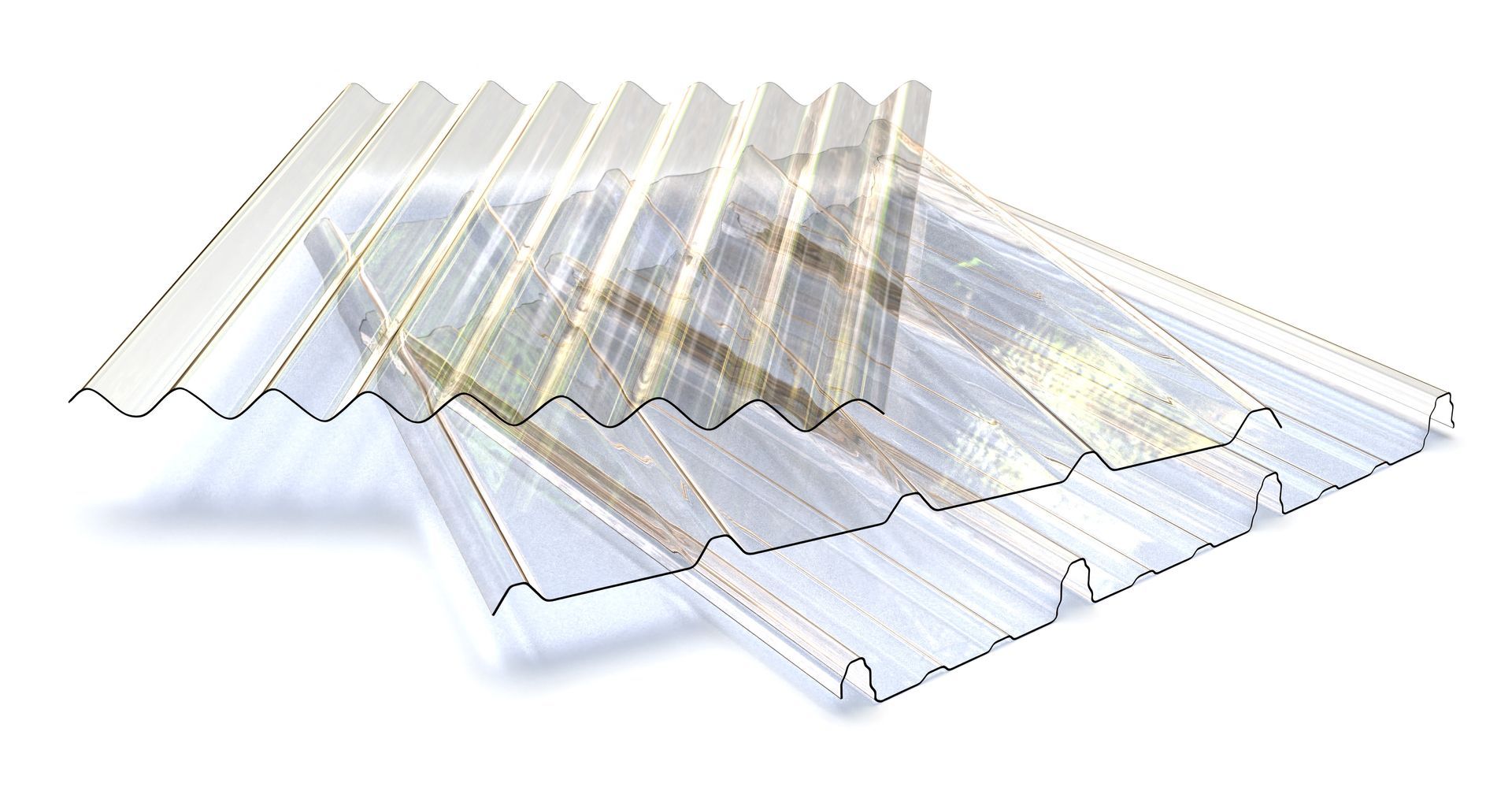 Transparent corrugated plastic sheets overlapping on white background.
