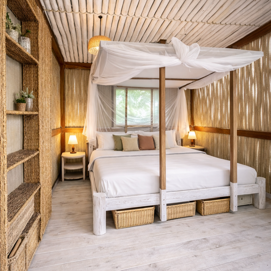 View from a room with bunk beds, through an open door and screen to an ocean scene.