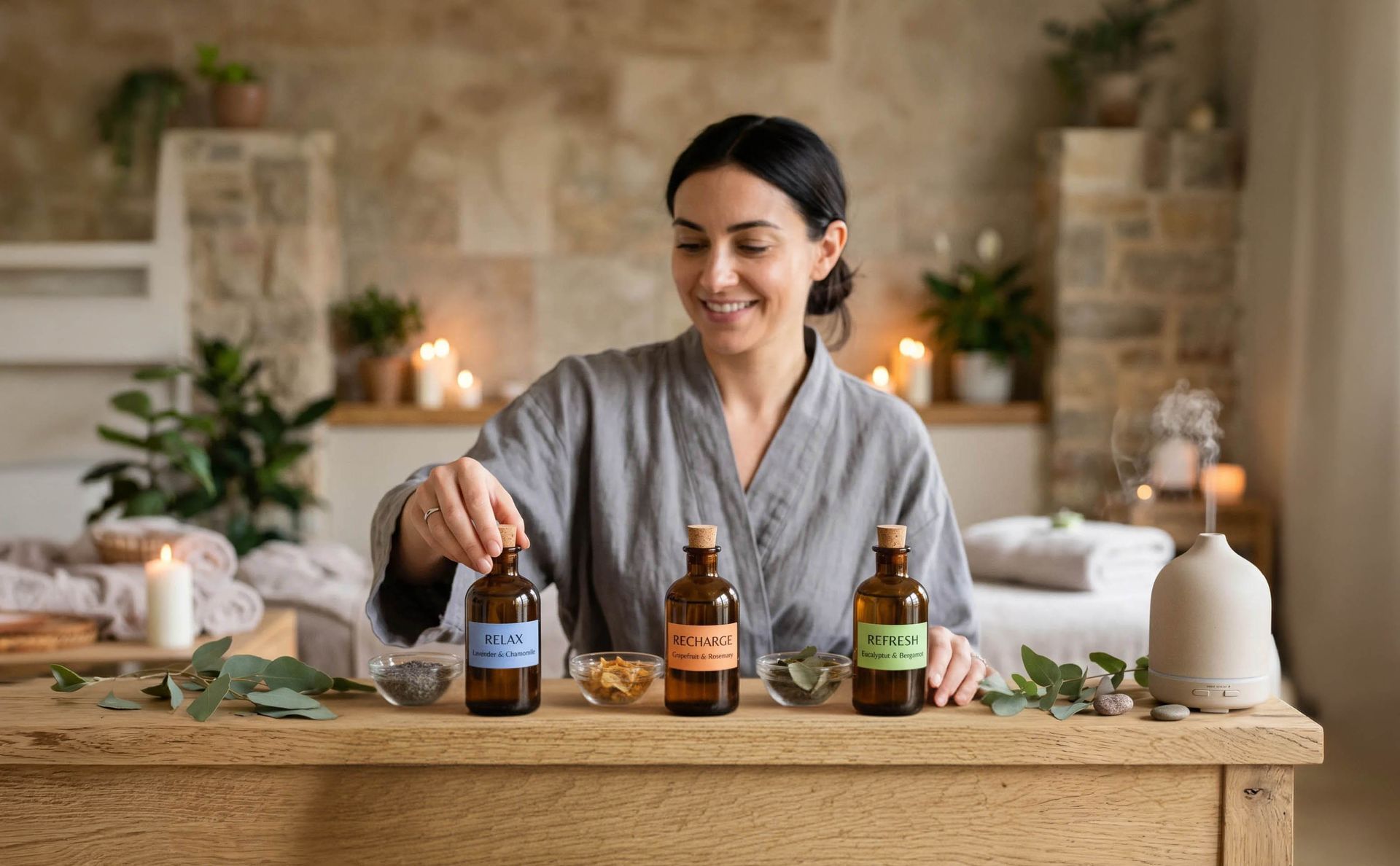 Massage therapist preparing aromatherapy oils for a customized spa treatment