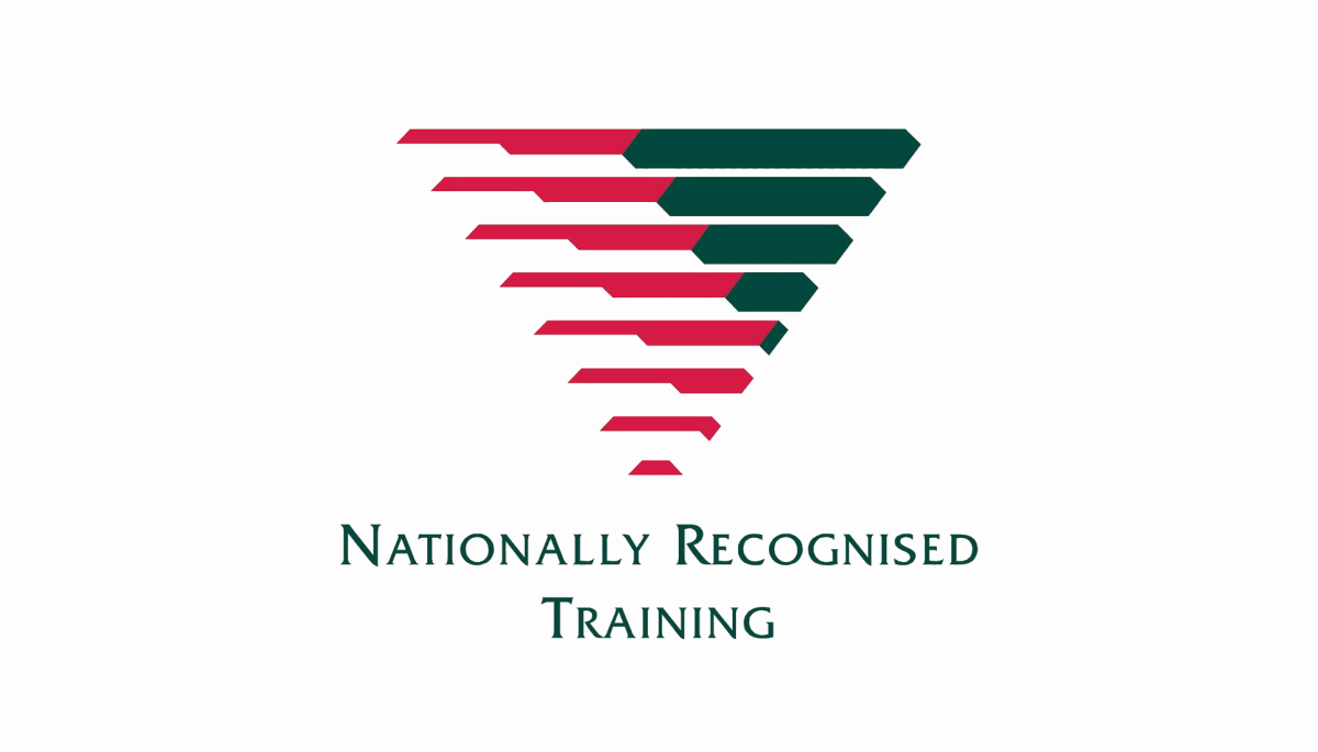 A logo for nationally recognised training with a red and green triangle on a white background.