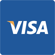 Logo Visa : Texte « VISA » blanc avec accents orange et or, sur un carré bleu.