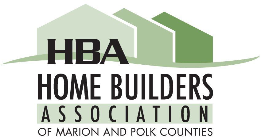 Logo for Home Builders Association of Marion and Polk Counties. Features three houses in shades of green above black text.