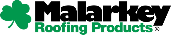 Malarkey Roofing Products logo with a green shamrock and black text.