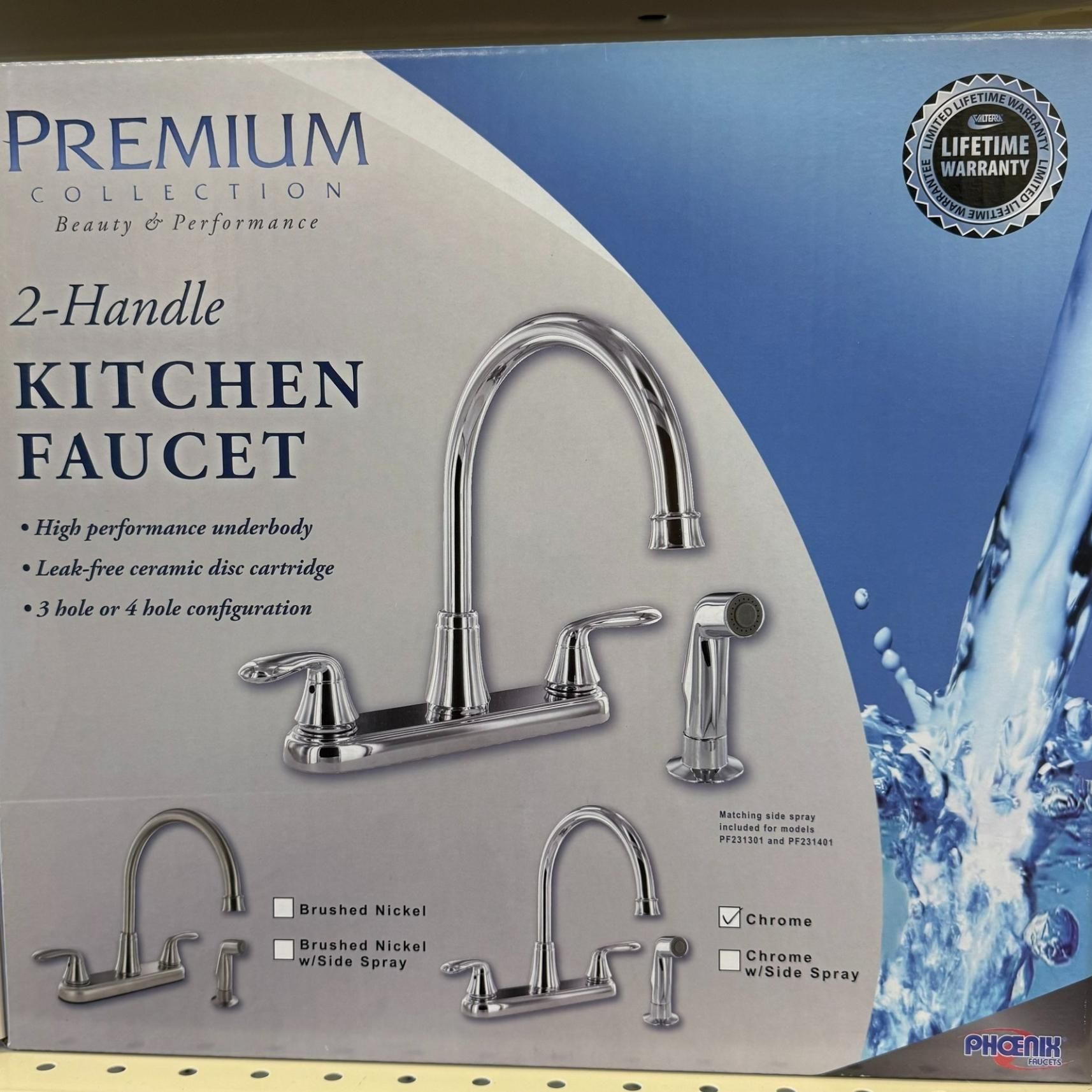 Box with chrome kitchen faucet, 2-handle, water spray. 