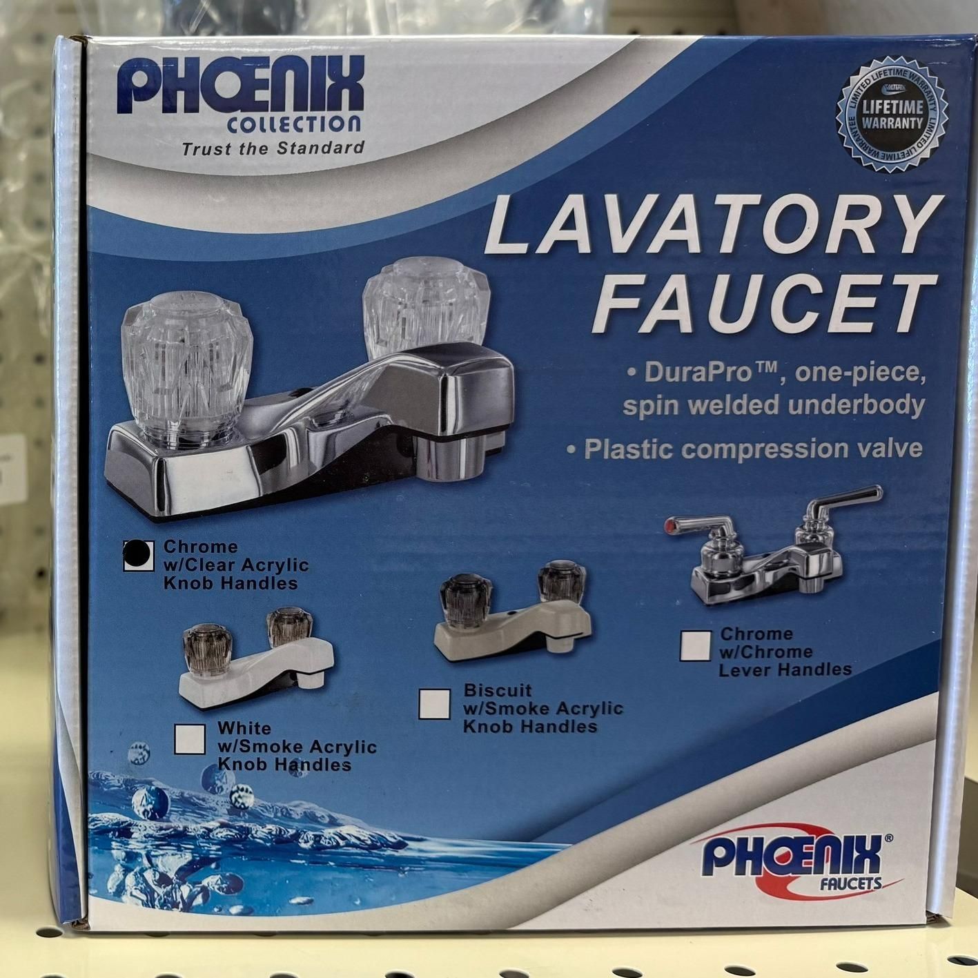 Box of Phoenix lavatory faucet with product details and color options.