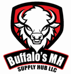 Logo: White bison head inside a red and black shield; "Buffalo's MH Supply Hub LLC" text below.