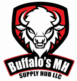 Logo: White bison head inside a red and black shield; "Buffalo's MH Supply Hub LLC" text below.