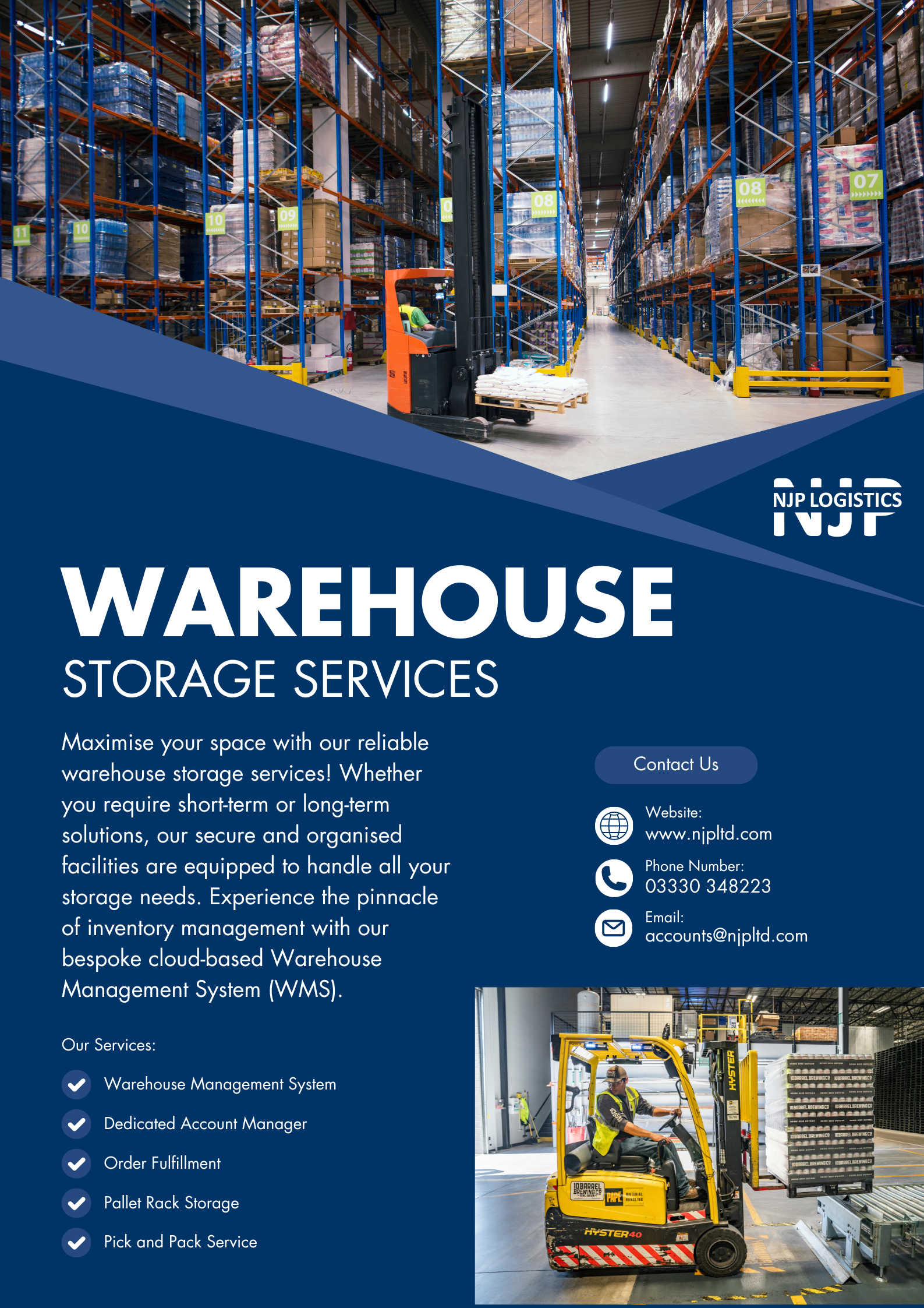 NJP's warehouse storage solutions. Pallet storage, pick and pack, full pallet pick.