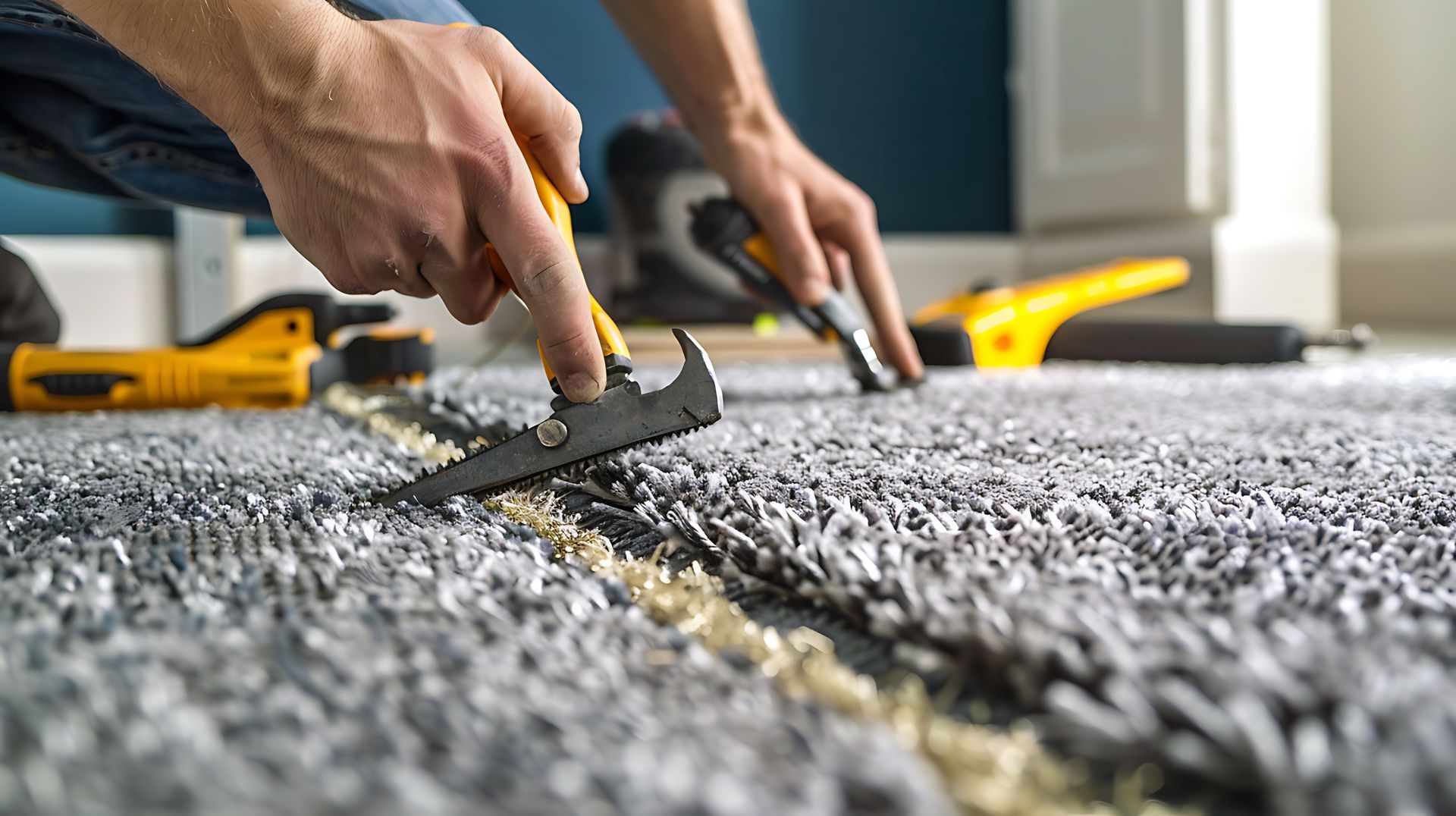 Hands use a carpet knee kicker and cutter to join sections of gray shaggy carpet on a residential floor.