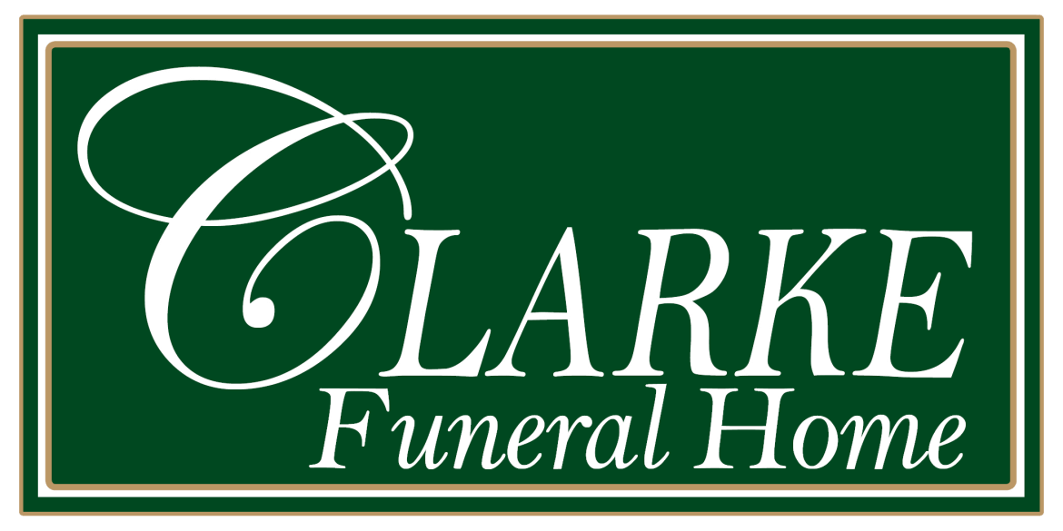 Clarke Funeral Home logo on a green background.