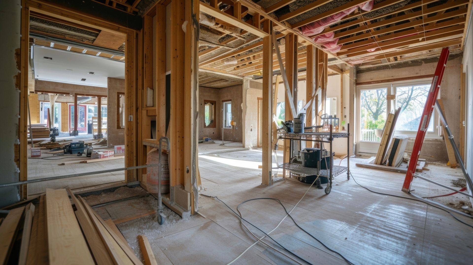 Interior of a house under construction; wooden framing, tools, ladder, debris, and exposed ceilings.