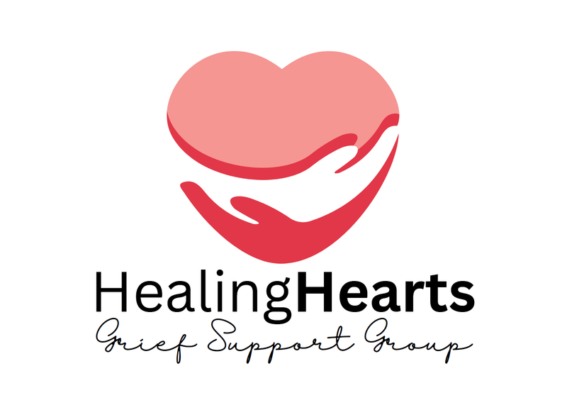 Logo for Healing Hearts grief support group: pink heart cradled by red hands, with text 