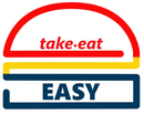 Logo take.eat EASY con testo e forme stilizzate rosse, gialle e blu.
