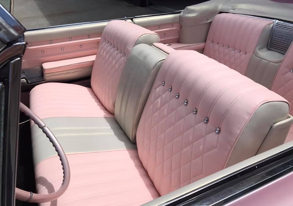 A Pink and White Car Seat With Rhinestones on It — Currumbin Trimmers In Byron Bay, NSW