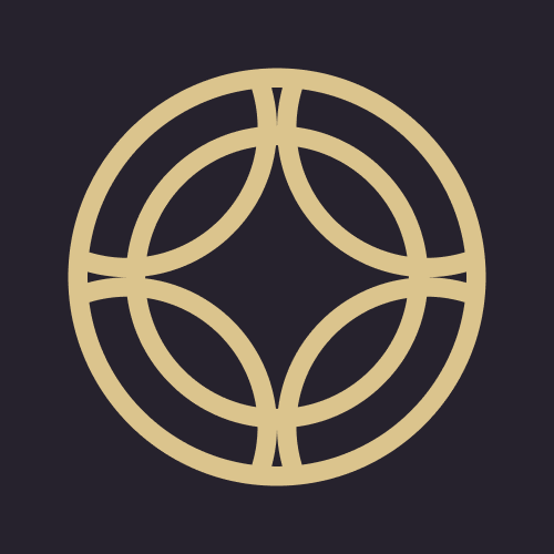 A gold circle with a diamond in the middle on a black background.