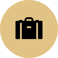 An icon of a suitcase in a gold circle.