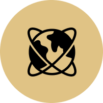 An icon of a globe with a circle around it on a yellow background.