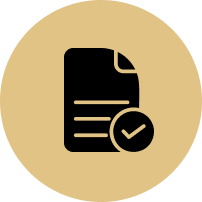 A black icon of a document with a check mark in a circle.