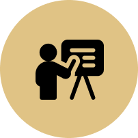 A man is giving a presentation on a whiteboard in a circle.