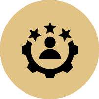 An icon of a person in a gear with three stars.