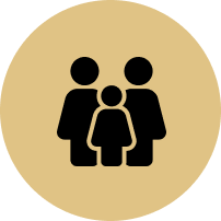 A family icon with two people and a child in a circle.