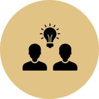 A couple of people standing next to each other with a light bulb above them.