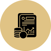 A black and gold icon of a book , coins , and a graph.