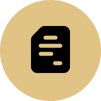 A black icon of a card in a gold circle.