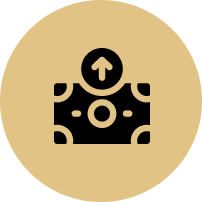 An icon of a suitcase with a coin and an arrow pointing up.