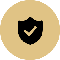 A black shield with a check mark on it in a gold circle.