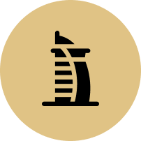 A silhouette of a building in a circle on a white background.