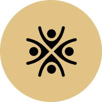 A group of people are standing in a circle with their hands in the air.