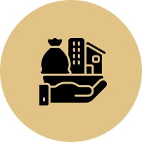 A hand is holding a bag of money and a house.