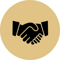 A handshake icon in a circle on a white background.