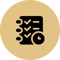 An icon of a checklist with arrows and a clock in a circle.