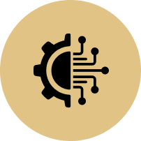 An icon of a gear with a circuit board inside of it.