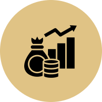 A black icon of a bag of money , coins , and a graph.