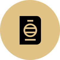 A black icon of a passport in a gold circle.