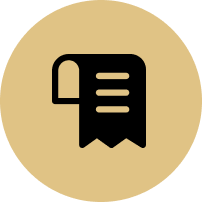 A black icon of a receipt in a gold circle.