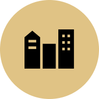 A silhouette of three buildings in a circle.