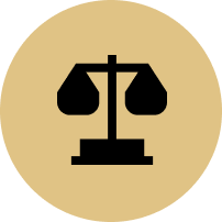 A scale of justice icon in a circle on a white background.