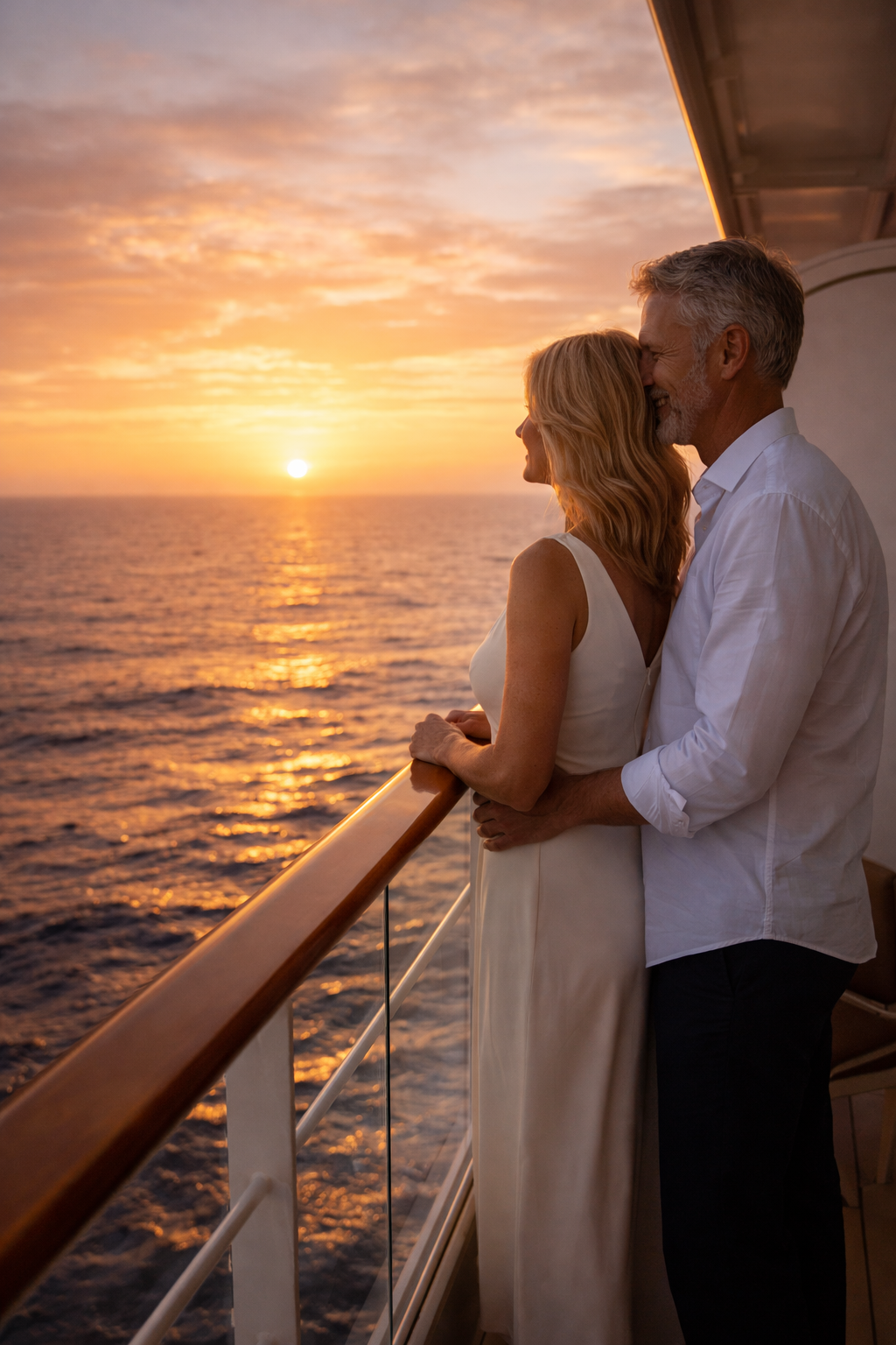 Couple on a cruise ship balcony watching a sunset over the ocean.