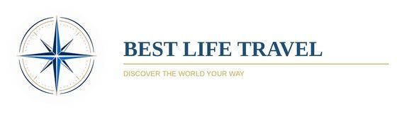 Best Life Travel logo with blue compass icon and gold tagline on white background