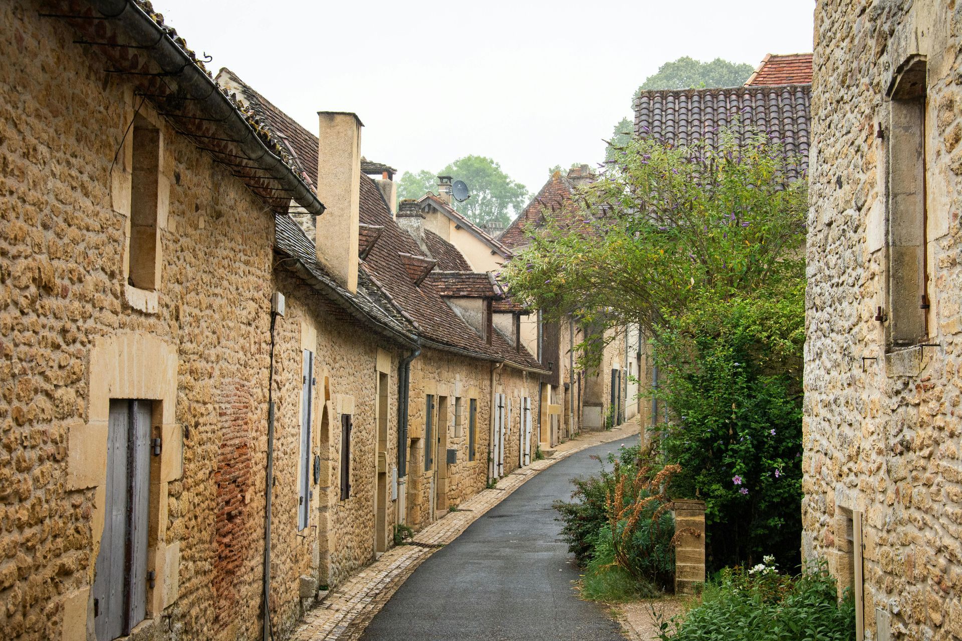 Narrow cobblestone street lined with old stone buildings, trees, and a cloudy sky.